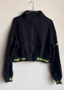 Black "Femi-niste" Cropped Zip-Up Jacket