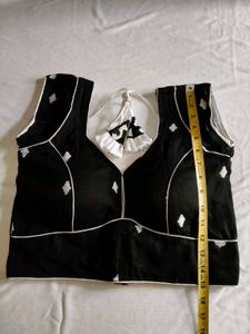 Black Embroidered Blouse with White Piping