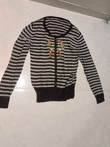 Striped Button-Up Cardigan with Floral Embroidery