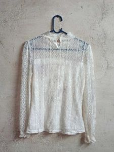 Elegant White Lace High Neck Top Layered