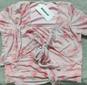 Pink Floral Mesh Tie-Front Top