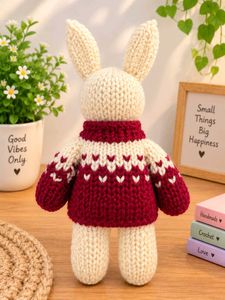 Handmade Knitted Bunny Doll with Maroon Sweater |