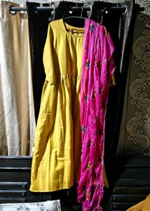 Elegant Yellow Kurta with Pink Dupatta