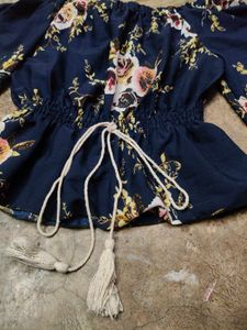 Navy Blue Floral Off-Shoulder Top