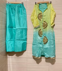 Zari work Elegant Teal &amp; Lime Kurta Set with banar