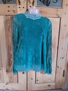 Elegant Teal Lace Long Sleeve Top