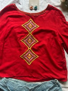 Red Embellished Crop Top &amp; Teal Palazzos