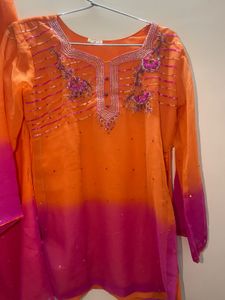 Orange &amp; Pink Ombre Kurta Set with Embellishments