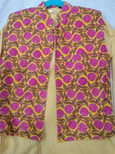 Yellow Kurta Set with printed Jacket