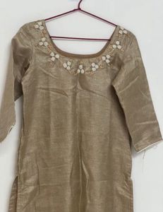 Elegant Beige Kurta with Floral Neckline