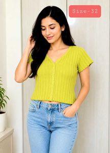 Lime Green Ribbed Button-Up Crop Top Size-30-32