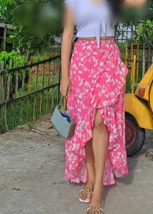 Chic Pink Floral Wrap Skirt with Ruffle Detail