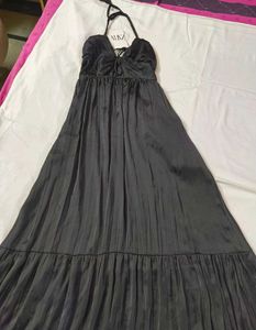 Elegant Black Satin Ruched  Dress