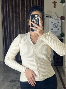 Women Off-white V-neck cardigan | Denim Shorts