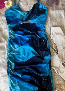 Blue Abstract Print Ruched Mini Bodycon Dress