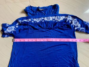 Blue Cold Shoulder Top with White Embroidery