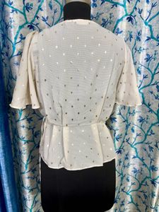 Chic Cream Polka Dot Wrap Top Scallop hem