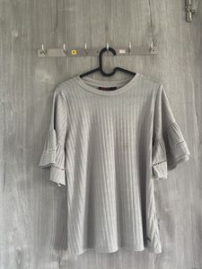 Grey Ribbed Bell Sleeve Top