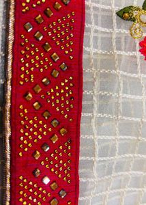 Cream Floral Embroidered Saree with Red Blouse