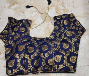 Navy Blue Brocade Blouse with Gold Print