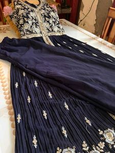 Elegant Navy Blue Embroidered Gown With Dupata &amp; P