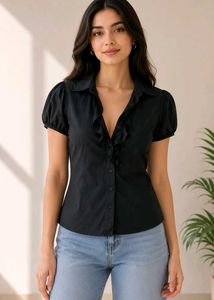Black Short Sleeve Button-Up Top