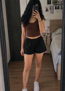 Brown Ribbed Fitted Scoop Square Neck Crop top