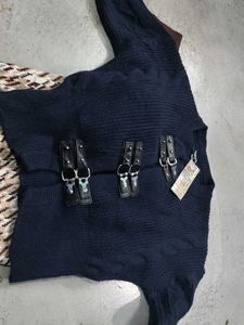 trendy look Navy Blue Knit Sweater with belt style