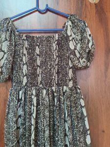 Sheer Snake Print Smocked Midi Dress