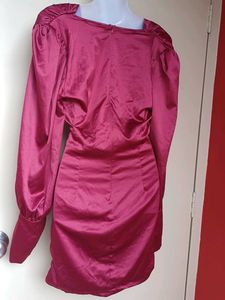 Maroon Satin Twist Front Cutout Dress