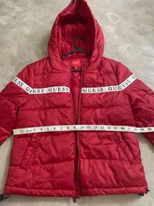 Red Guess Puffer Jacket with Logo Tape