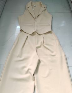 Chic Beige Vest and Wide Leg Pants co-ords set
