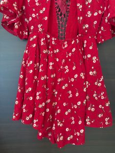 Red Floral Crochet Cut-Out Mini Romper Dress