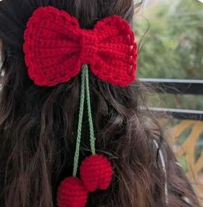 Red Crochet Bow Hair Clip with Cherry Charm