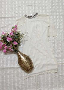 Elegant White Embellished Neckline Dress
