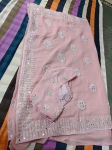 Beautiful Pink mirror Saree with  stitch Blouse