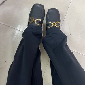 Black Mules with Gold Detail