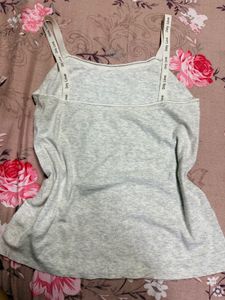 Grey Ribbed Tank Top with Logo Straps