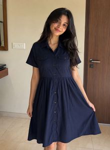 Navy Blue Button-Front Midi Dress