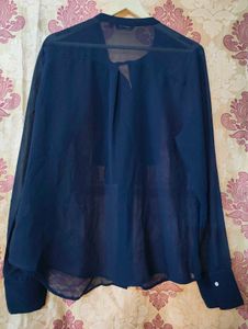Elegant Navy Blue Sheer Blouse