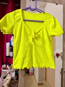 Neon Yellow Lettuce Hem Tie-Front Top
