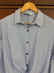 Blue Striped Tie-Front Shirt Dress