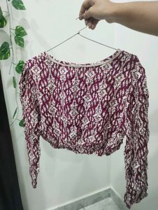 Maroon Printed Crop Top with Full Sleeves