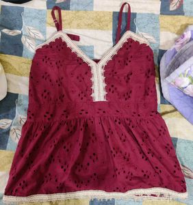Maroon Lace Trim Peplum Top
