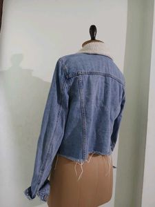 Distressed Denim Jacket with Sherpa Collar