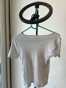 White Ribbed Cropped T-Shirt with Star Detail