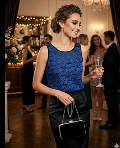 Elegant Blue Lace Top with Black Skirt