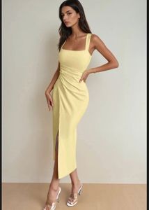 Elegant Yellow Ruched Midi Dress
