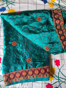 Teal Saree with Pink Dots &amp; Embellished Border