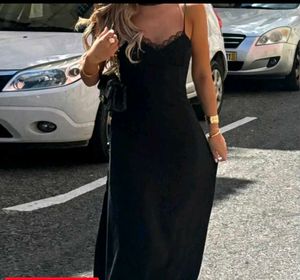 Elegant Black Slip Dress with Lace Trim